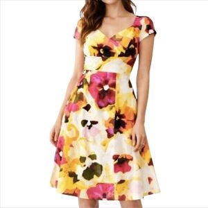 Women's Mini Dress Size 8 Yellow Watercolor Floral Fit & Flare Short Sleeve Work
